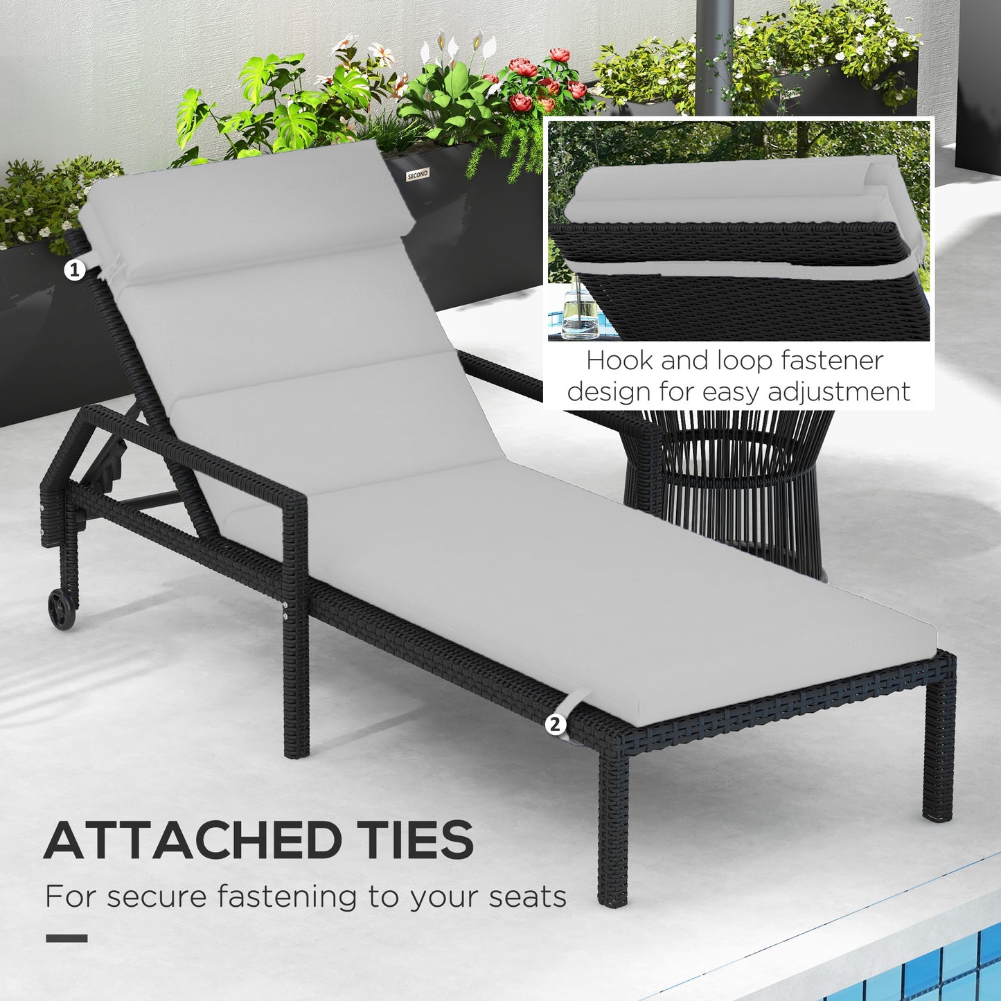 Patio Chaise Lounge Chair Cushion Replacement Sun Lounger Pads with Headrest and Ties, Light Grey