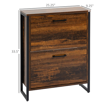 Shoe Cabinet with 2 Flip Doors, Slim 2-Drawer Shoe Cupboard with Divider and Open Compartment for 12 Pairs of Shoes, Entryway Storage Unit, Rustic Brown