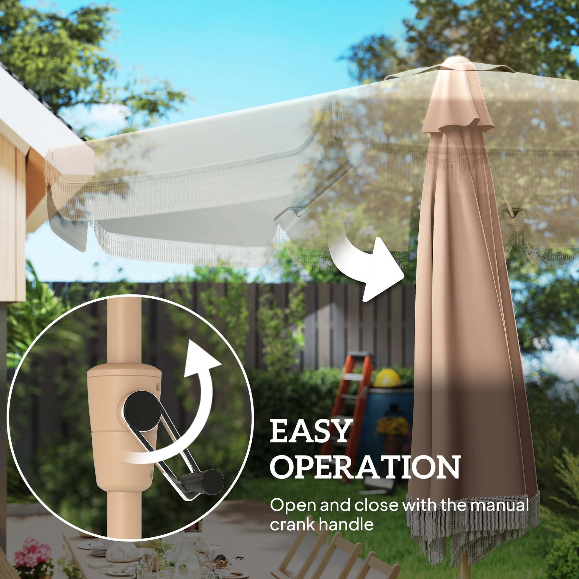 9 ft Patio Umbrella with Push Button Tilt and Crank, Fringed Outdoor Market Table Umbrella Parasol, Khaki