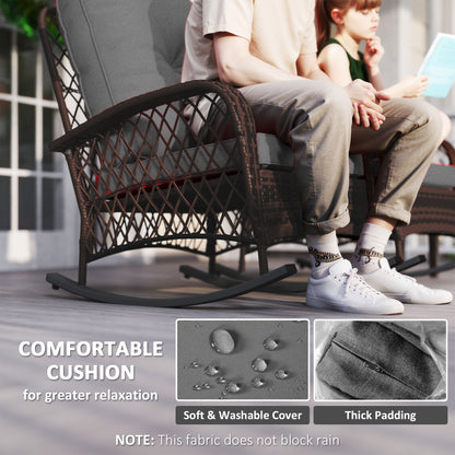Outdoor Wicker Rattan Rocking Chair Set of 2, Patio Rocker with Thick Cushions for Garden Backyard Porch, Grey
