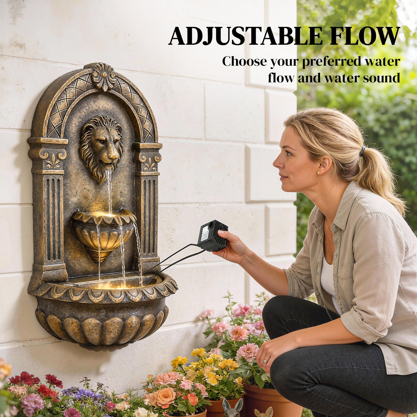 Wall-Mounted 3-Tier Outdoor Fountain, Resin Cascading Waterfall with LED Lights and Adjustable Flow, Rustic Brown