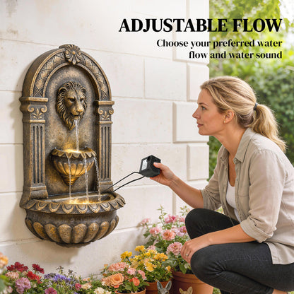 Wall-Mounted 3-Tier Outdoor Fountain, Resin Cascading Waterfall with LED Lights and Adjustable Flow, Rustic Brown