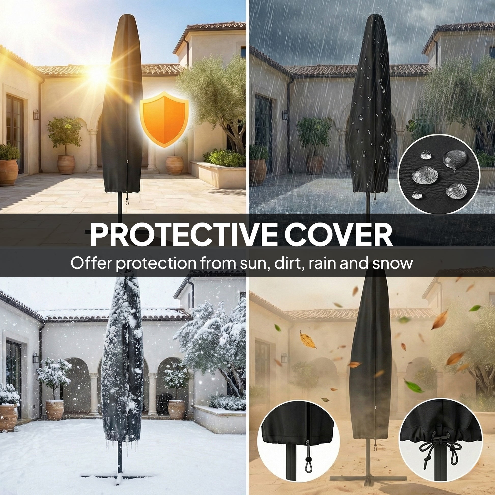 9.7ft Solar LED Cantilever Patio Umbrella with 32 LED Lights, Cross Base, Crank Handle, for Poolside, Deck, Dark Grey