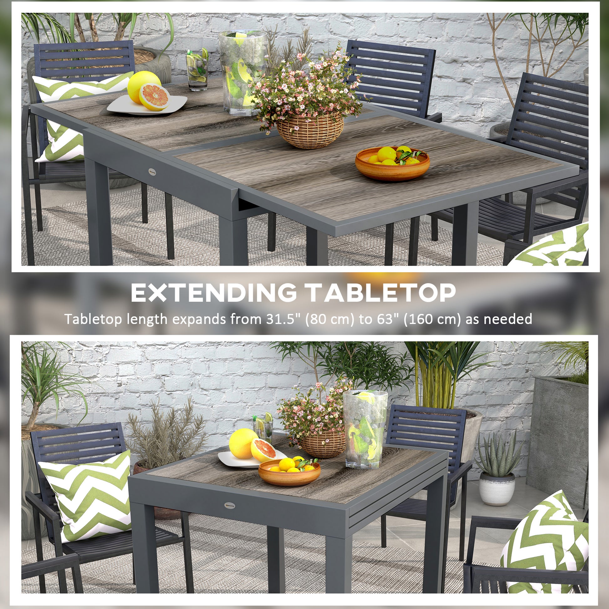 Extendable Dining Table, Rectangular Patio Outdoor Table with Aluminum Frame and Plastic Board Tabletop for Lawn, Beige