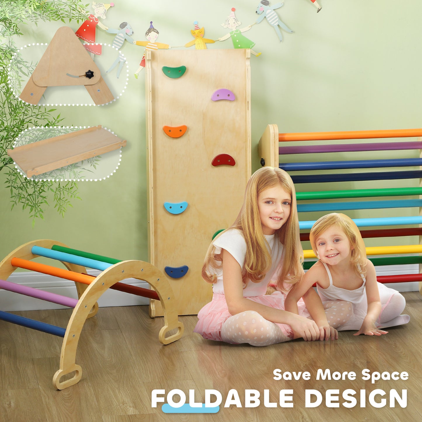 Qaba 5 in 1 Pikler Triangle Set with Ladder, Ramp, Arch, for 18-48 months, Multicolour