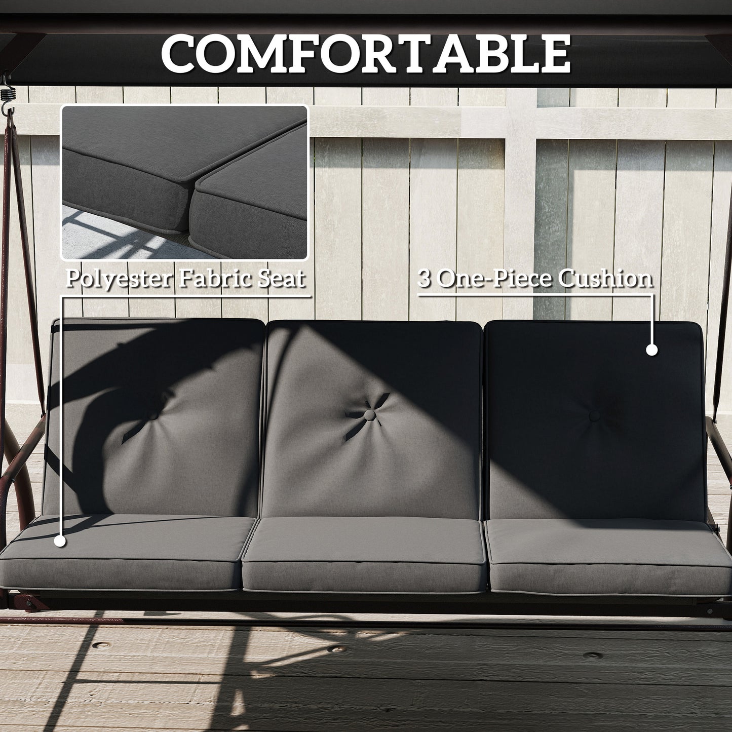 Convertible Patio Swing Bed with Canopy and Cushions, 3 Seater Porch Swing for Outdoor, Backyard, Garden, Dark Grey