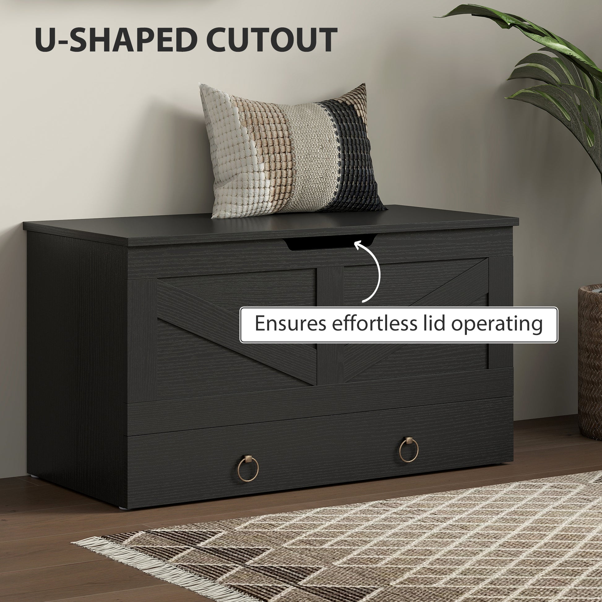 31.5 Inches Storage Chest, Storage Trunk with 2 Safety Hinges for Living Room, Black Wood Grain