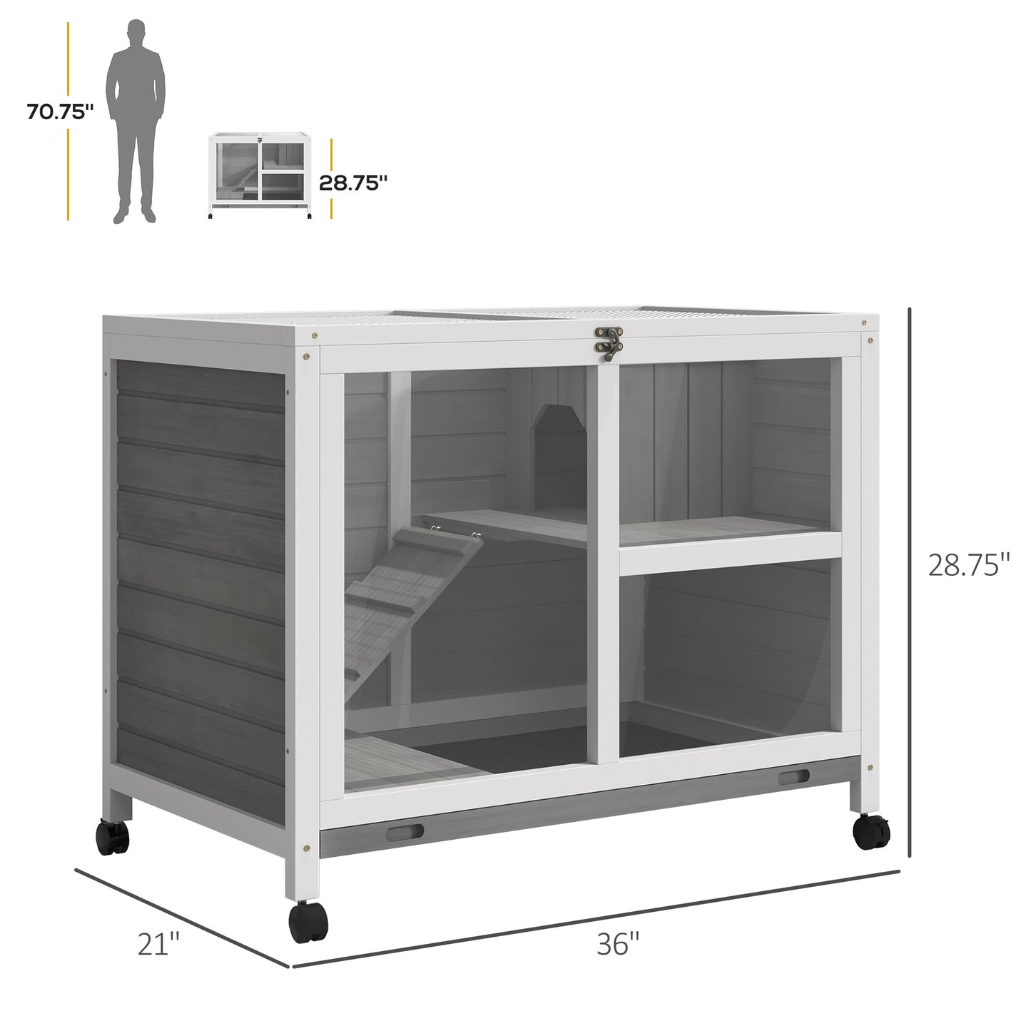 Indoor Rabbit Hutch with Wheels, Bunny Cage Guinea Pig House W/ Top Access, Ramp, Pull Out Tray, Grey