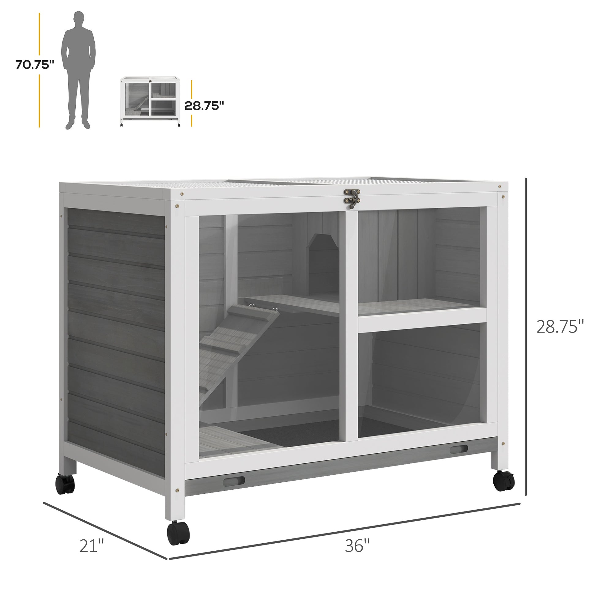 Indoor Rabbit Hutch with Wheels, Bunny Cage Guinea Pig House W/ Top Access, Ramp, Pull Out Tray, Grey