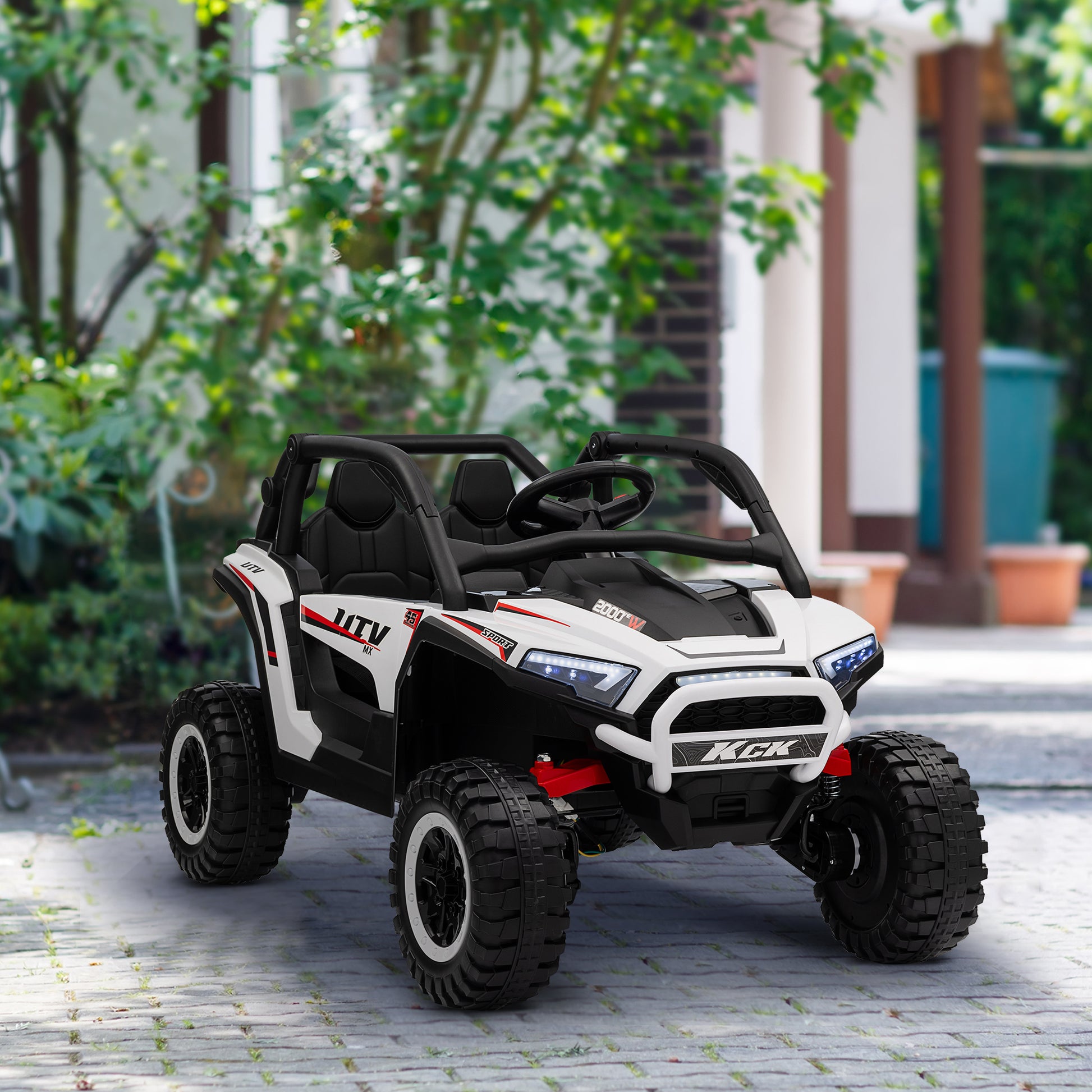 Qaba 2 Seater 24V 7AH Ride on Truck, Electric Car for Kids with Spring Suspension, Remote Lights, Horn, Music, White