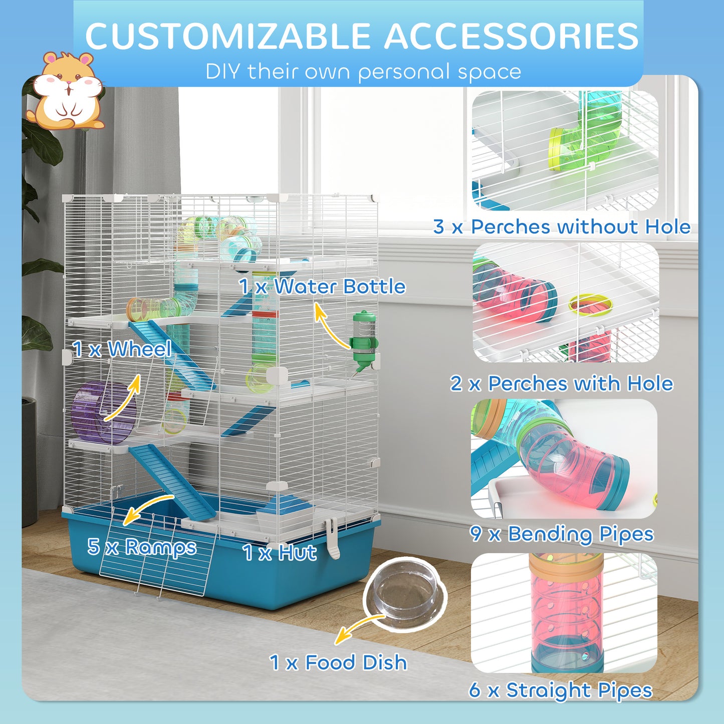 6 Tier Hamster Cage w/ Tunnels and Tubes, Hut, Wheel, Food Dish, Water Bottle, Ramps, for Dwarf & Gerbil, Light Blue