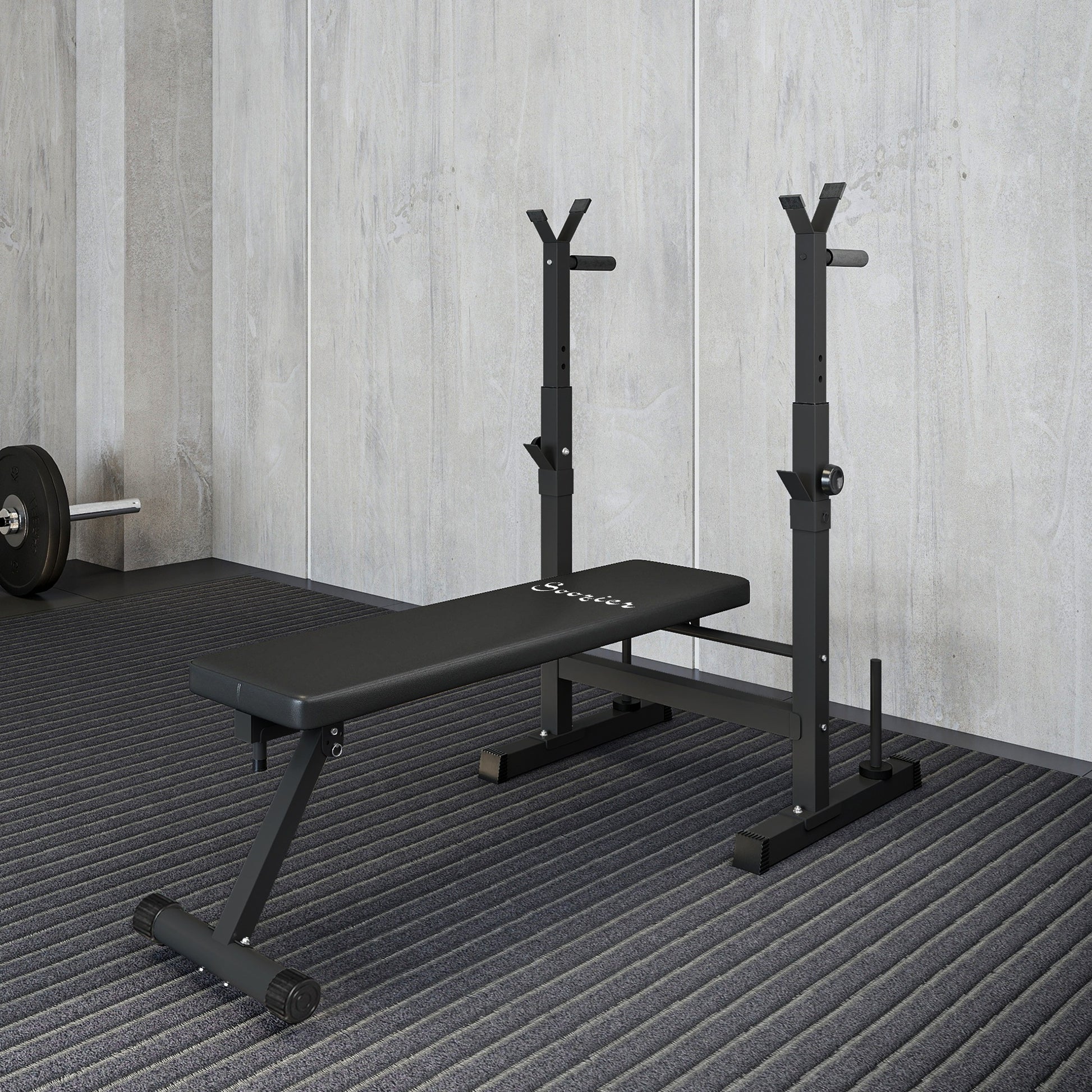 Soozier Adjustable Weight Bench, Foldable Bench Press with Barbell Rack and Dip Station for Home Gym, Strength Training Multiuse Workout Bench, Black