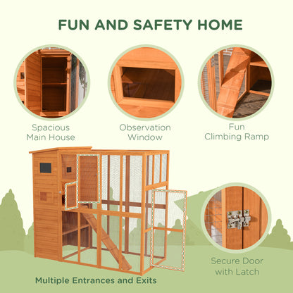 68.75" H Cat Cage Large Wooden Outdoor Cat House with Large Run for Play, Catio for Lounging, and Condo Area for Sleeping, Natural