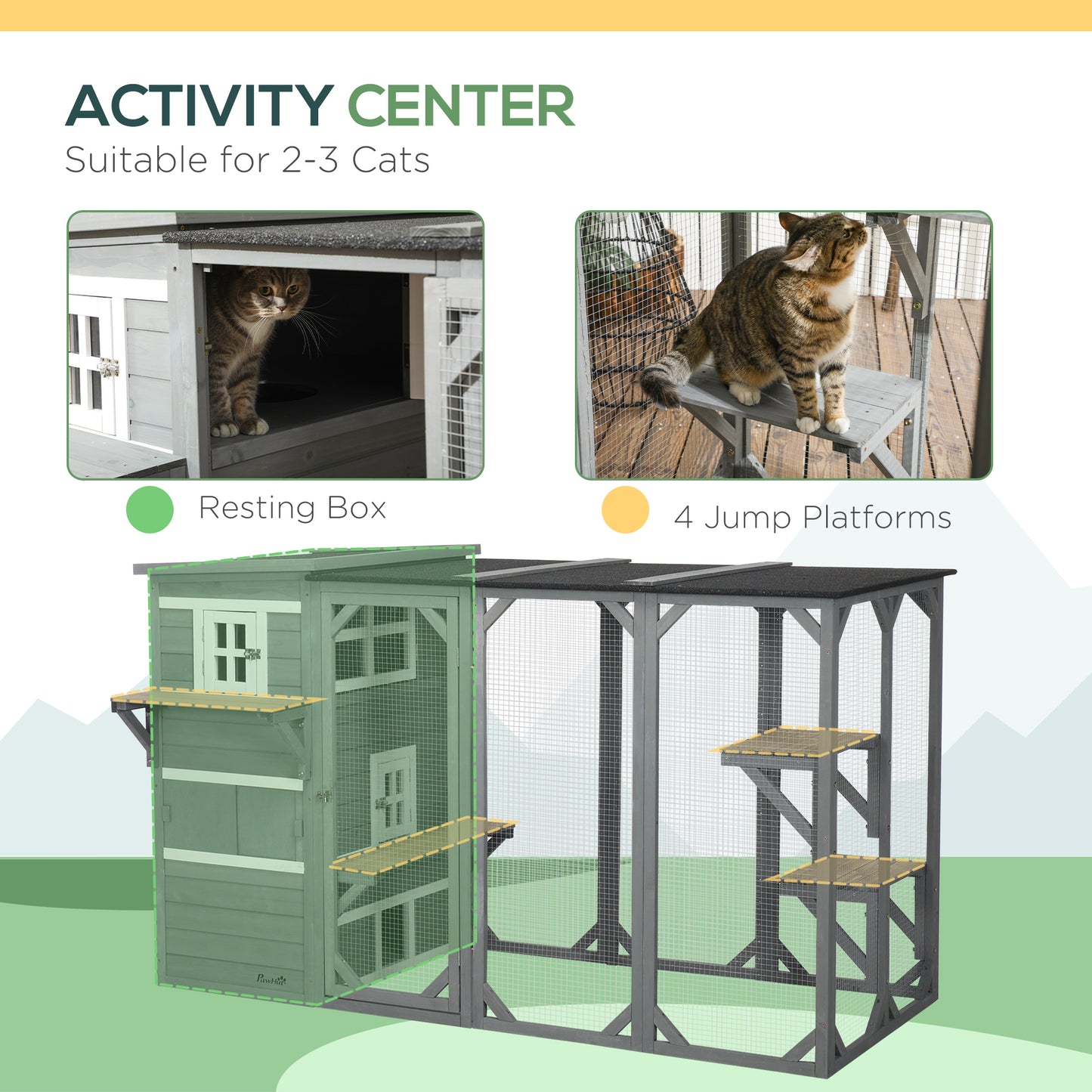 Wooden Cat Catio, 76"L Walk in Outdoor Cat House with Asphalt Roof, Platforms, Lockable Doors, 3-tier Resting Condo, Observation Window, for 2-3 Cats, Light Grey