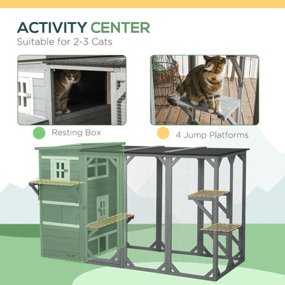 Wooden Cat Catio, 76"L Walk in Outdoor Cat House with Asphalt Roof, Platforms, Lockable Doors, 3-tier Resting Condo, Observation Window, for 2-3 Cats, Light Grey