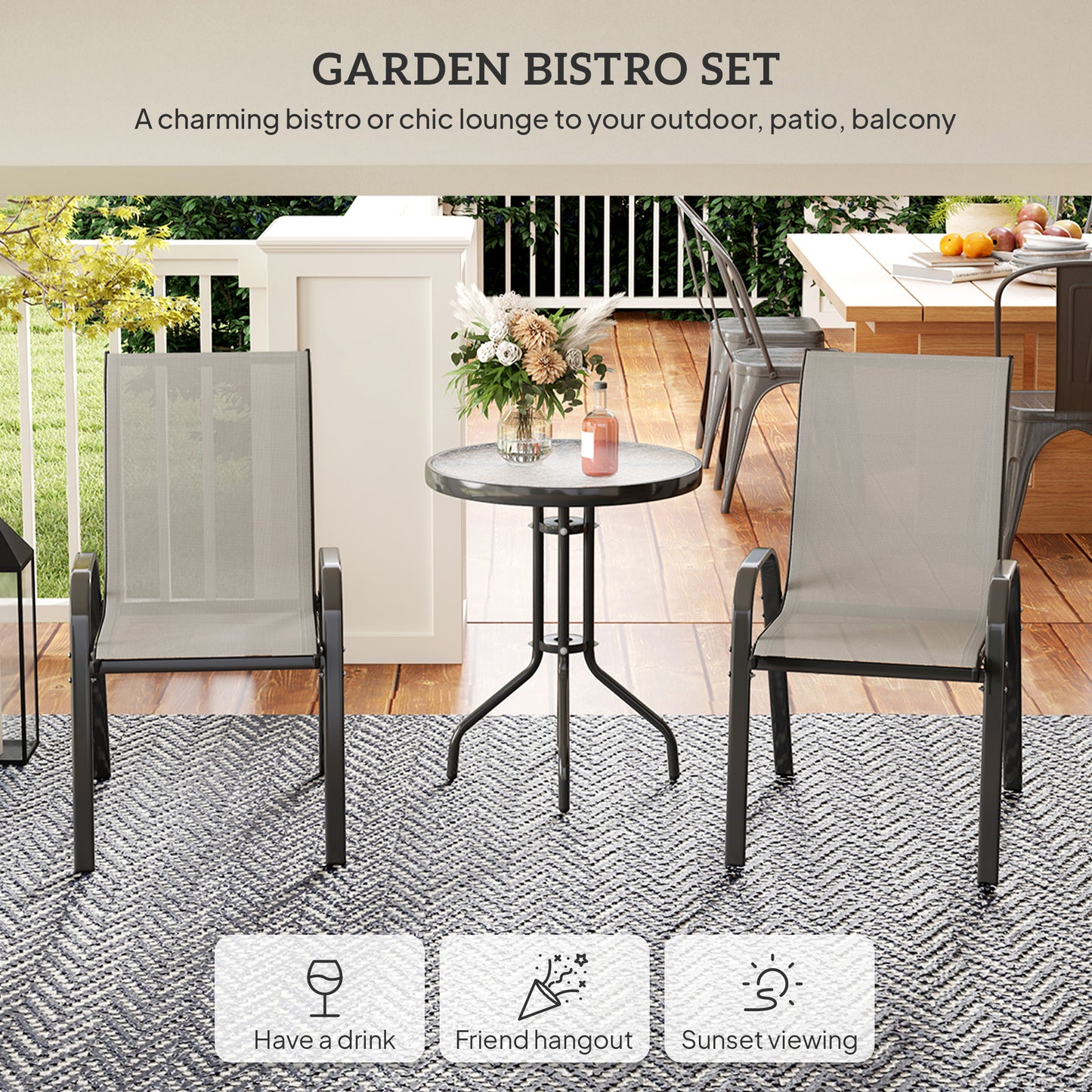 3 Pieces Bistro Set, Small Patio Furniture Set with Stackable Mesh Chairs, Glass Table for Garden, Balcony, Light Grey