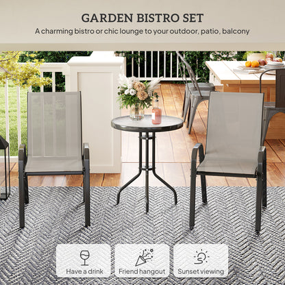 3 Pieces Bistro Set, Small Patio Furniture Set with Stackable Mesh Chairs, Glass Table for Garden, Balcony, Light Grey