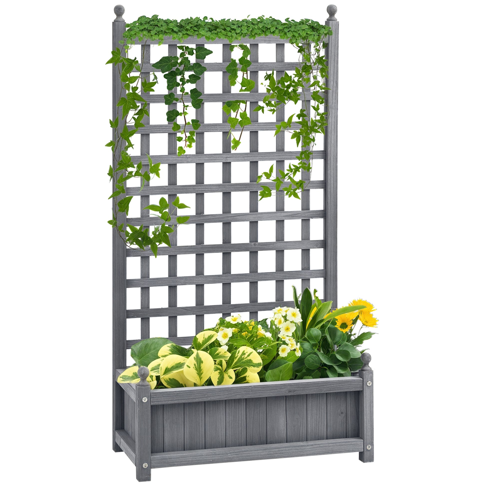 Raised Garden Bed with Trellis for Climbing Vines, 25.2" x 11" x 47.2" Wood Planter Box for Garden, Free Standing Flower Bed, Indoor Outdoor Display Rack, Grey