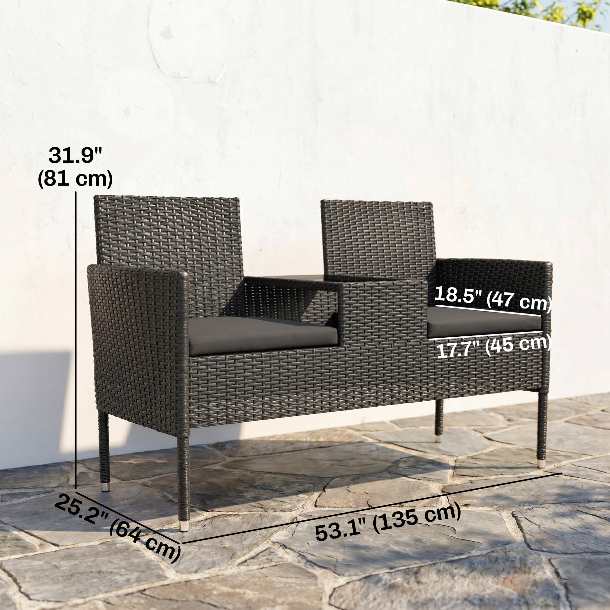Patio Furniture w/ Mid-Table PE Rattan Loveseat w/ Cushion, Black