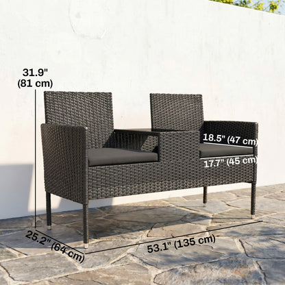 Patio Furniture w/ Mid-Table PE Rattan Loveseat w/ Cushion, Black