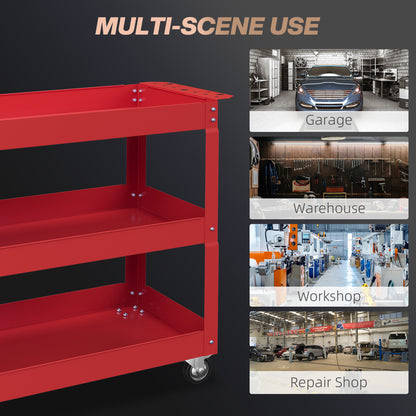 3 Tier Rolling Tool Cart with Wheels, 330 LBS Capacity Heavy Duty Utility Cart, Mobile Service Cart for Garage, Red
