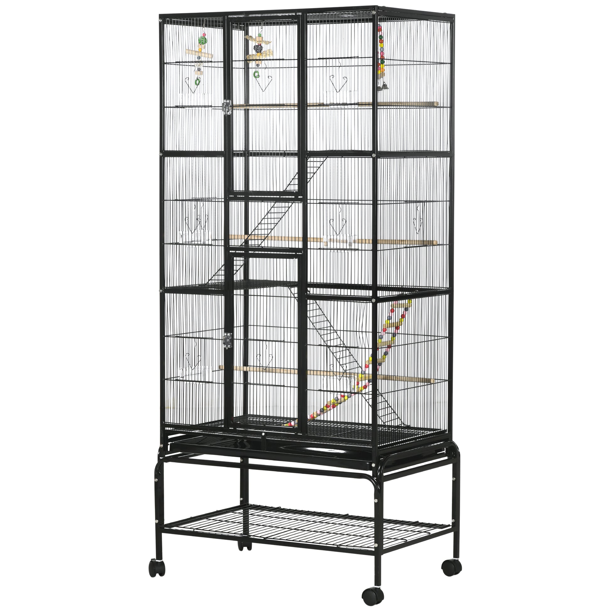 71" Bird Cage with Wheels Perches, Ramp, Storage Shelf, Toys for Canaries, Finches, Cockatiels, Parakeets, Black