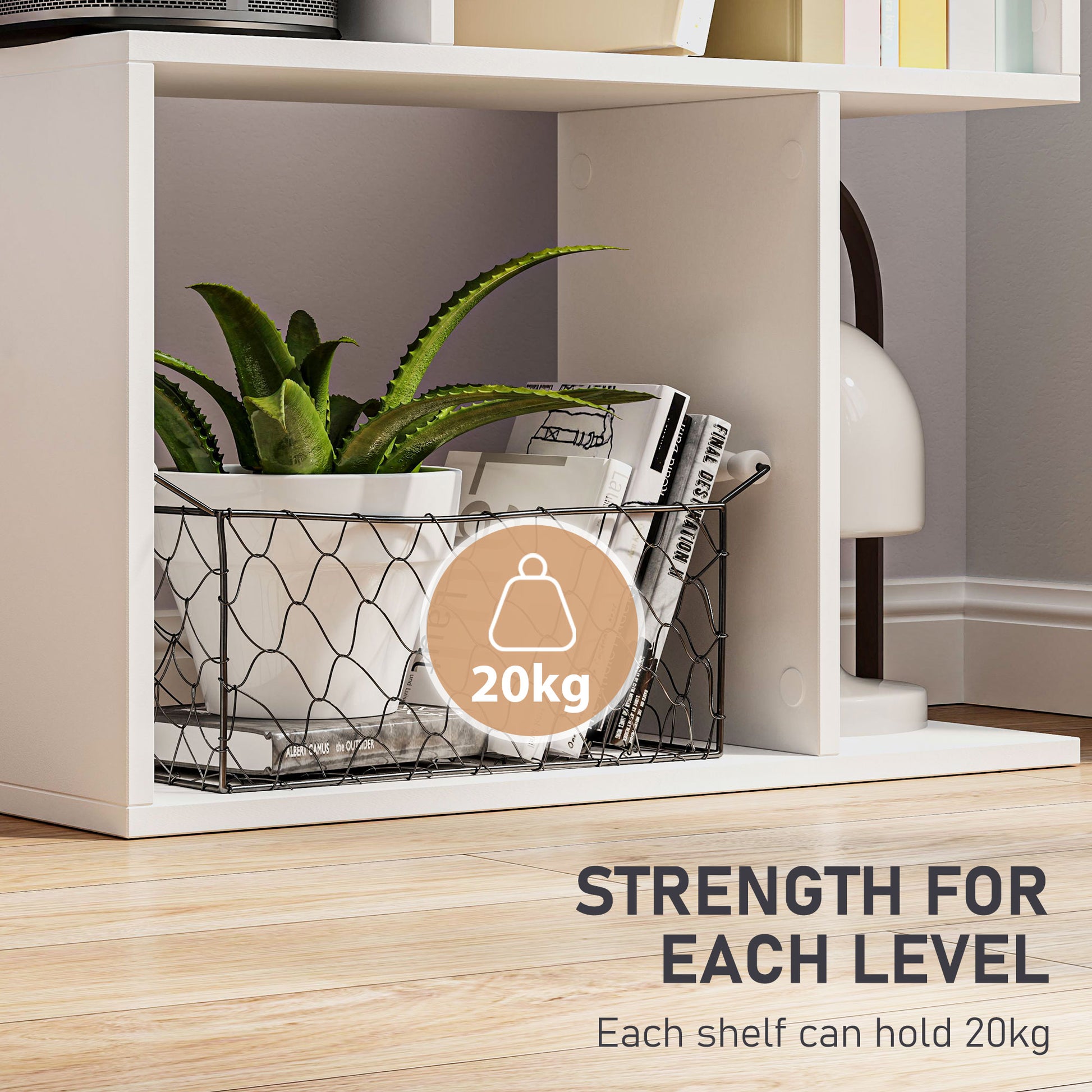5-Tier Geometric Bookshelf, S Shaped Bookcase, Modern Freestanding Display Shelf Unit for Home Office, White