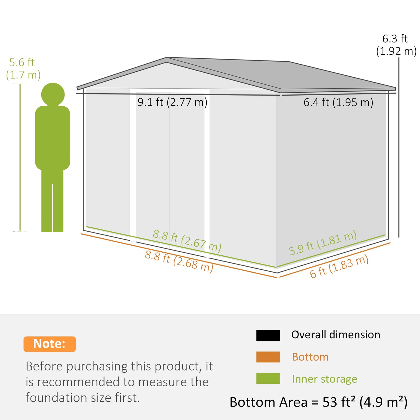 9.1' x 6.4' x 6.3' Garden Storage Shed w/ Foundation Kit Metal Tool Storage House w/ Double Doors Silver