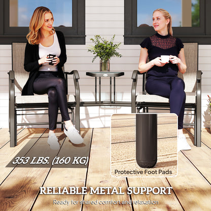 Double Patio Glider Chair with Glass Top Center Table, Outdoor Glider Loveseat with High Back, All Weather Breathable Mesh Fabric for Garden, Backyard, Deck, Light Brown