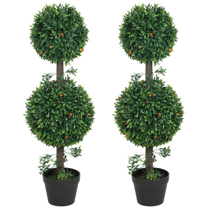 3FT Artificial Boxwood Topiary Tree Set of 2, Faux Two Ball Topiary Tree in Pot for Indoor Outdoor Decor, Green