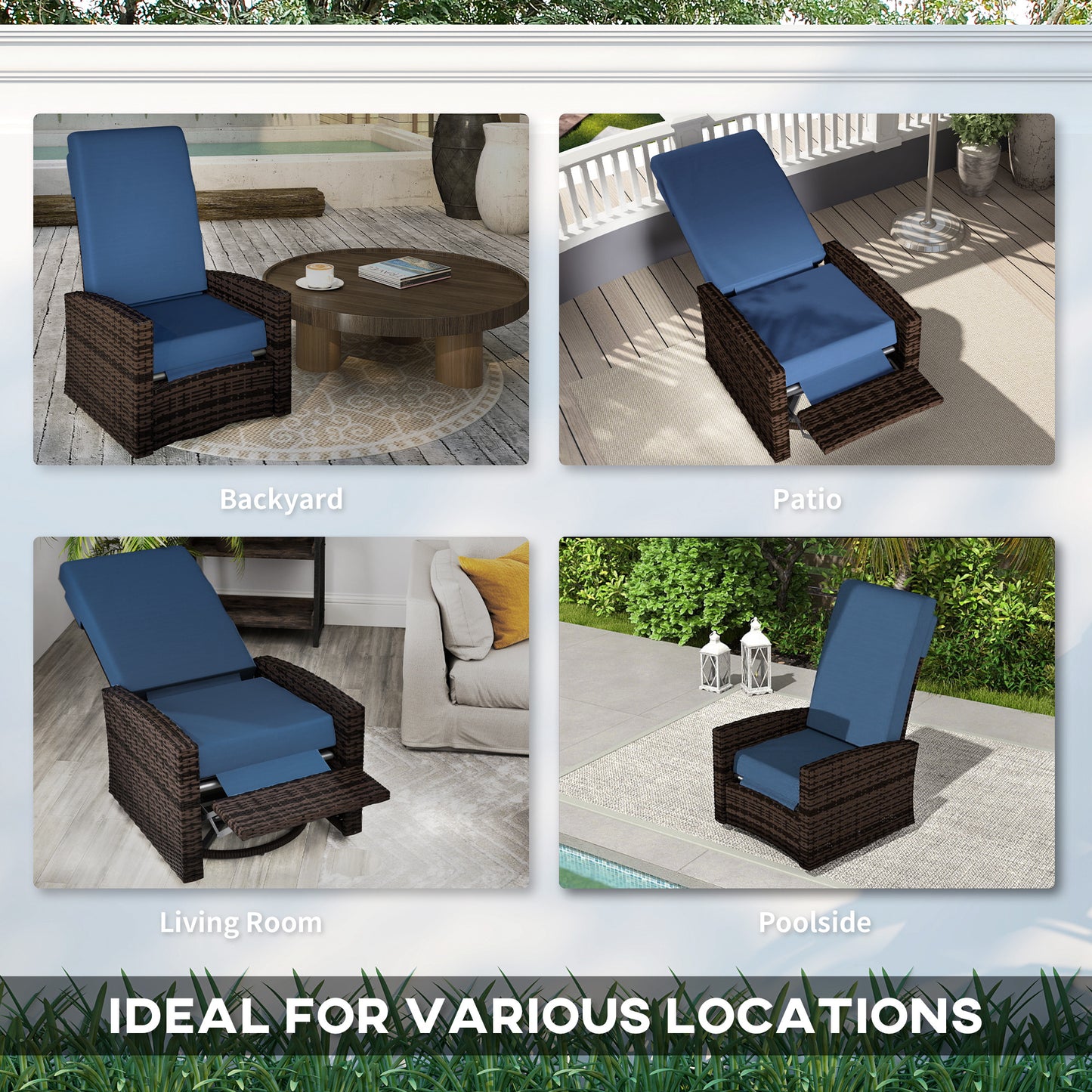 Outdoor Rattan Wicker Lounge Chair with Footrest & Soft Cushion for Patio, Garden, Backyard, Dark Blue