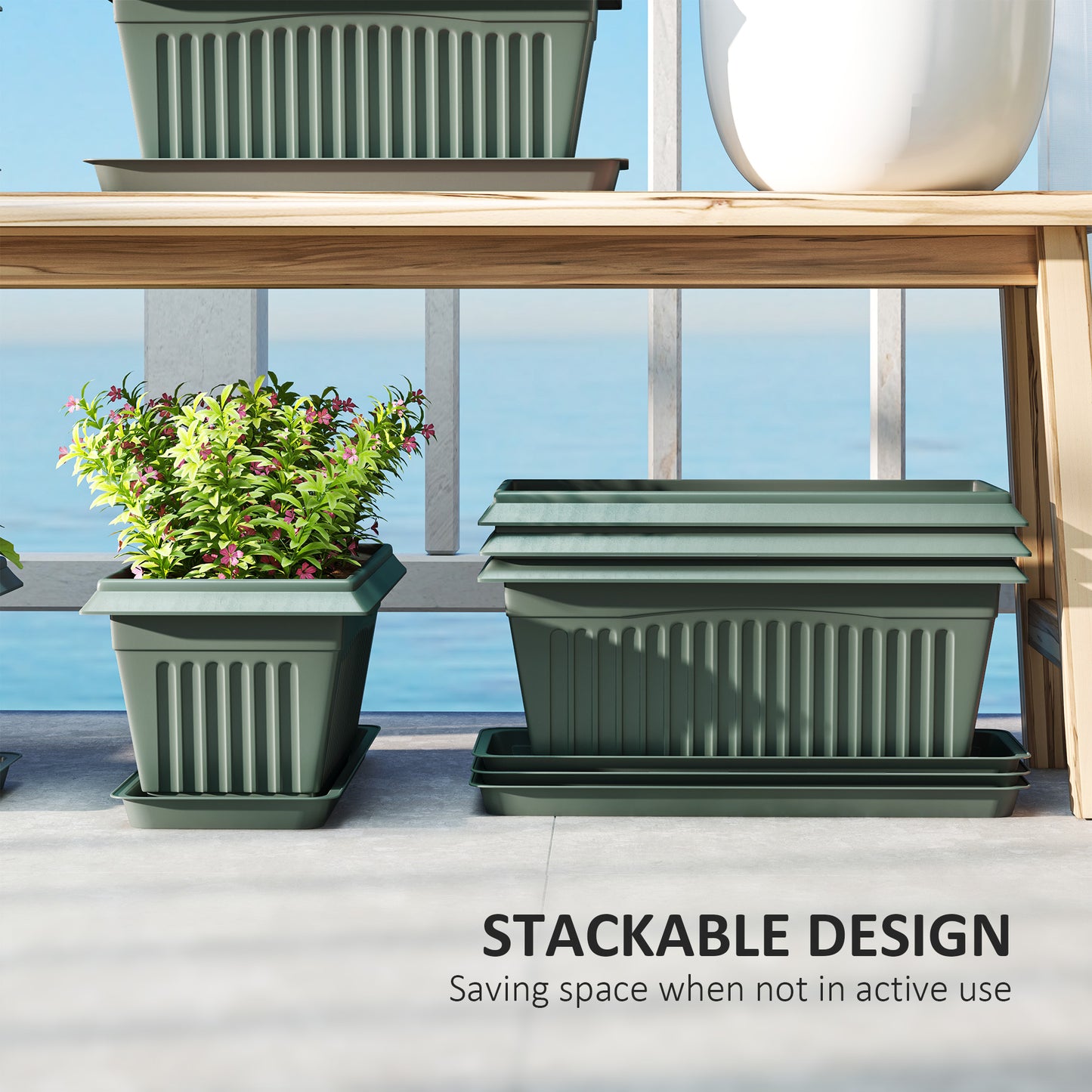 7 Pack 15.7" Plastic Flower Planters with Drainage Holes and Trays, Plant Pots for Indoor Outdoor Plants, Green