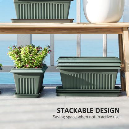 7 Pack 15.7" Plastic Flower Planters with Drainage Holes and Trays, Plant Pots for Indoor Outdoor Plants, Green