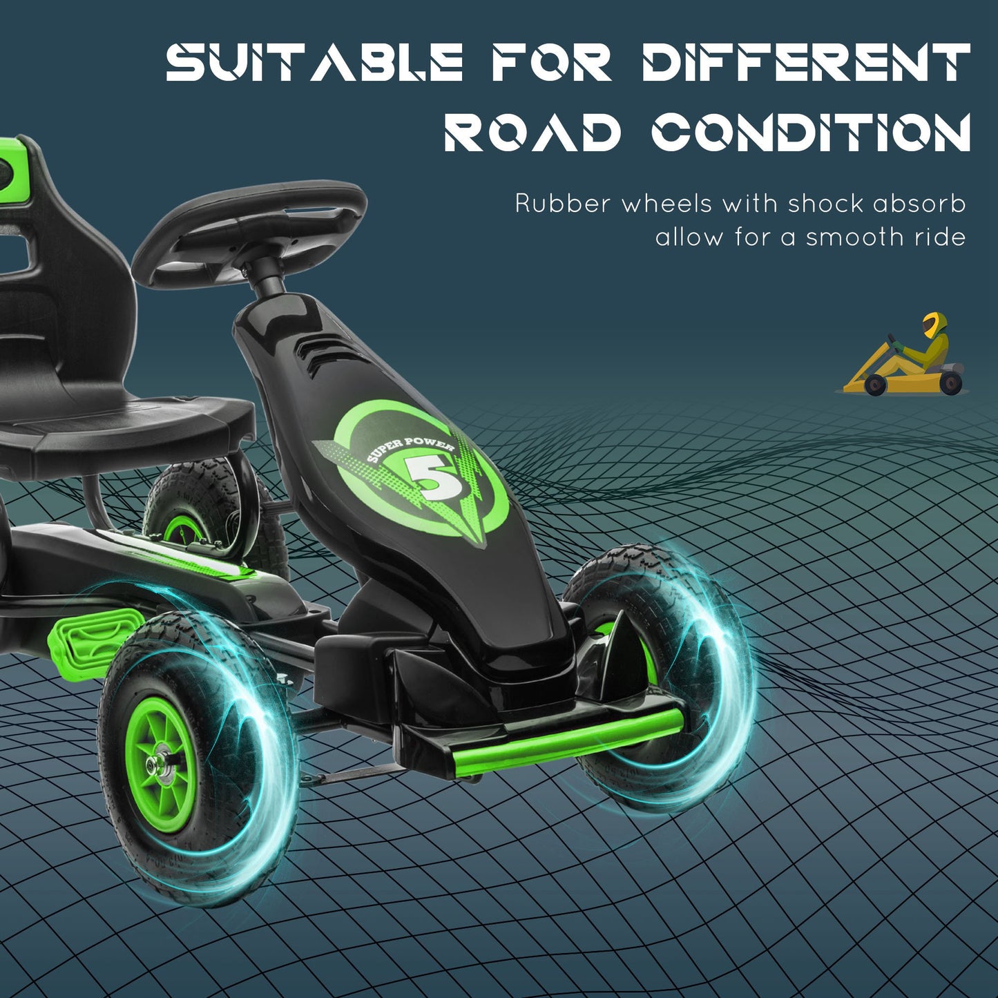 Aosom Pedal Go Kart w/ Adjustable Seat, Rubber Wheels Shock Absorb, Green