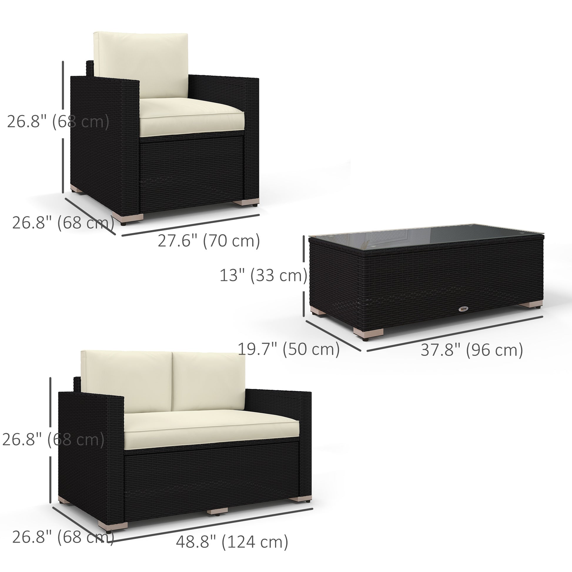 Outdoor Furniture with Table, Wicker Furniture with Loveseat and 2 Chair for Garden, Poolside, Cream