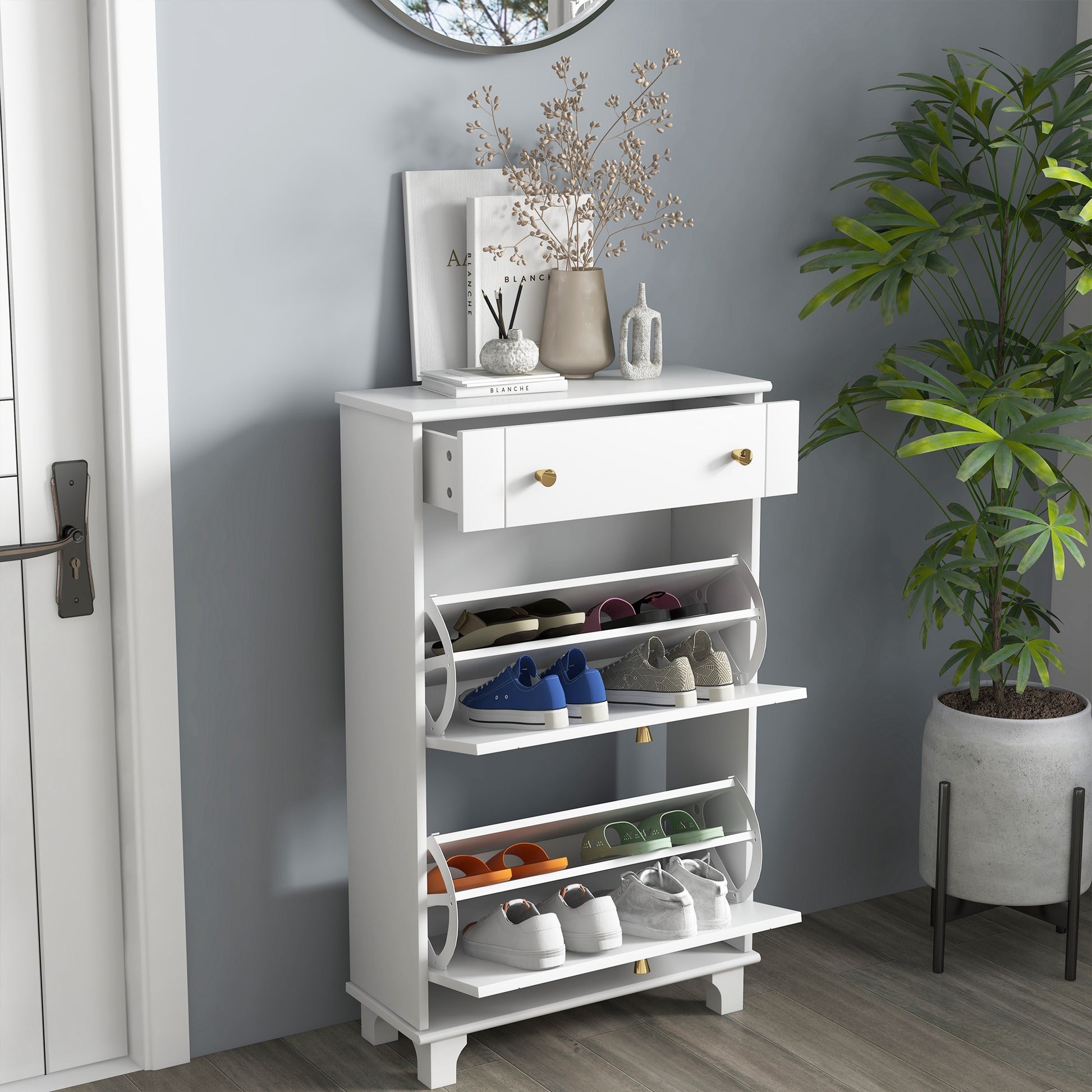 Slim Shoe Storage with 2 Flip Drawers and Adjustable Shelves Shoe Cabinet Organizer for 8 Pair, White