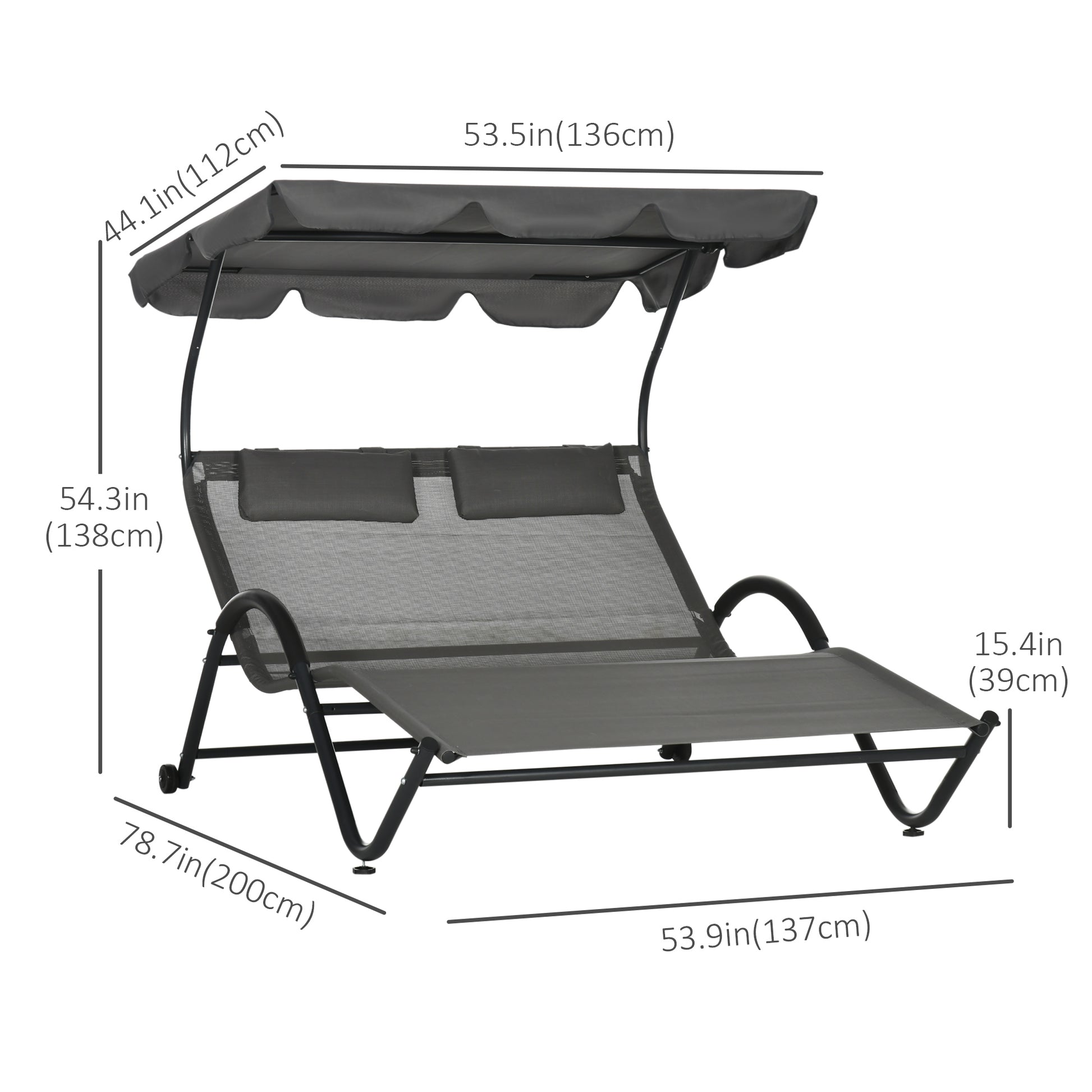 Outdoor Patio Chaise Lounge Chair, Patio Sun Lounger w/ Sunshade Roof, for Two People with Wheels and Breathable Sling Mesh Bed, Pillows, Dark Gray