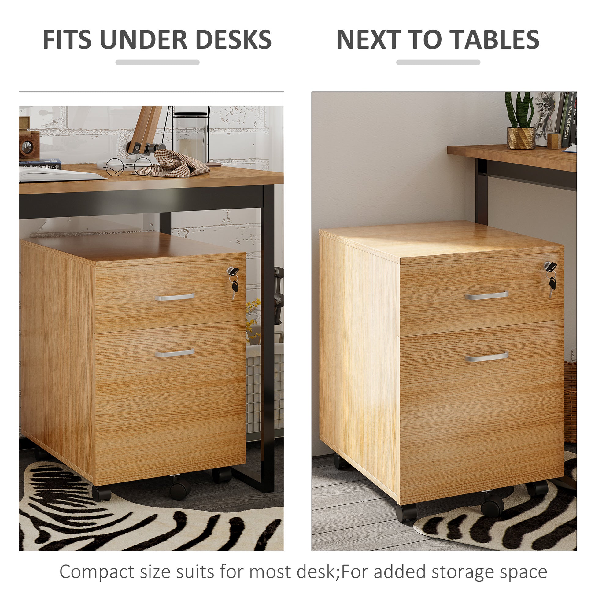 2 Drawer File Cabinet with Lock and Keys, Mobile Vertical Filing Cabinet with Wheels and Drawers, Home Office Cabinet, Natural