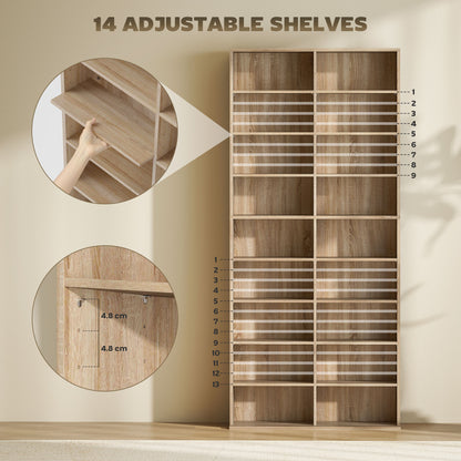 9-Tier DVD Shelf with 18 Compartments and 14 Adjustable Shelves, Holds 640 CDs, 360 DVDs or 430 Blu-rays, Natural Wood