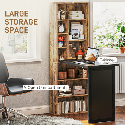Fold-out Convertible Office Desk, Wall Mount Computer Desk with Blackboard and Side Shelf, Rustic Brown