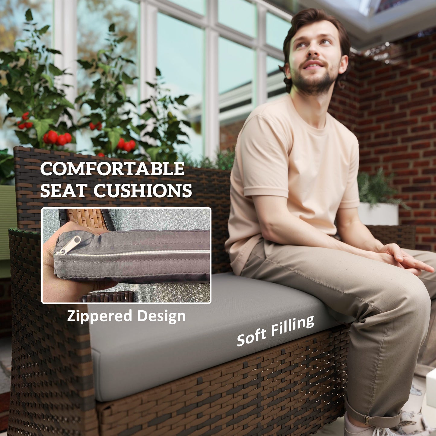 4 Pieces Wicker Outdoor Balcony Furniture Set Rattan Patio Furniture Set with Loveseat Chairs Glass Coffee Table Grey