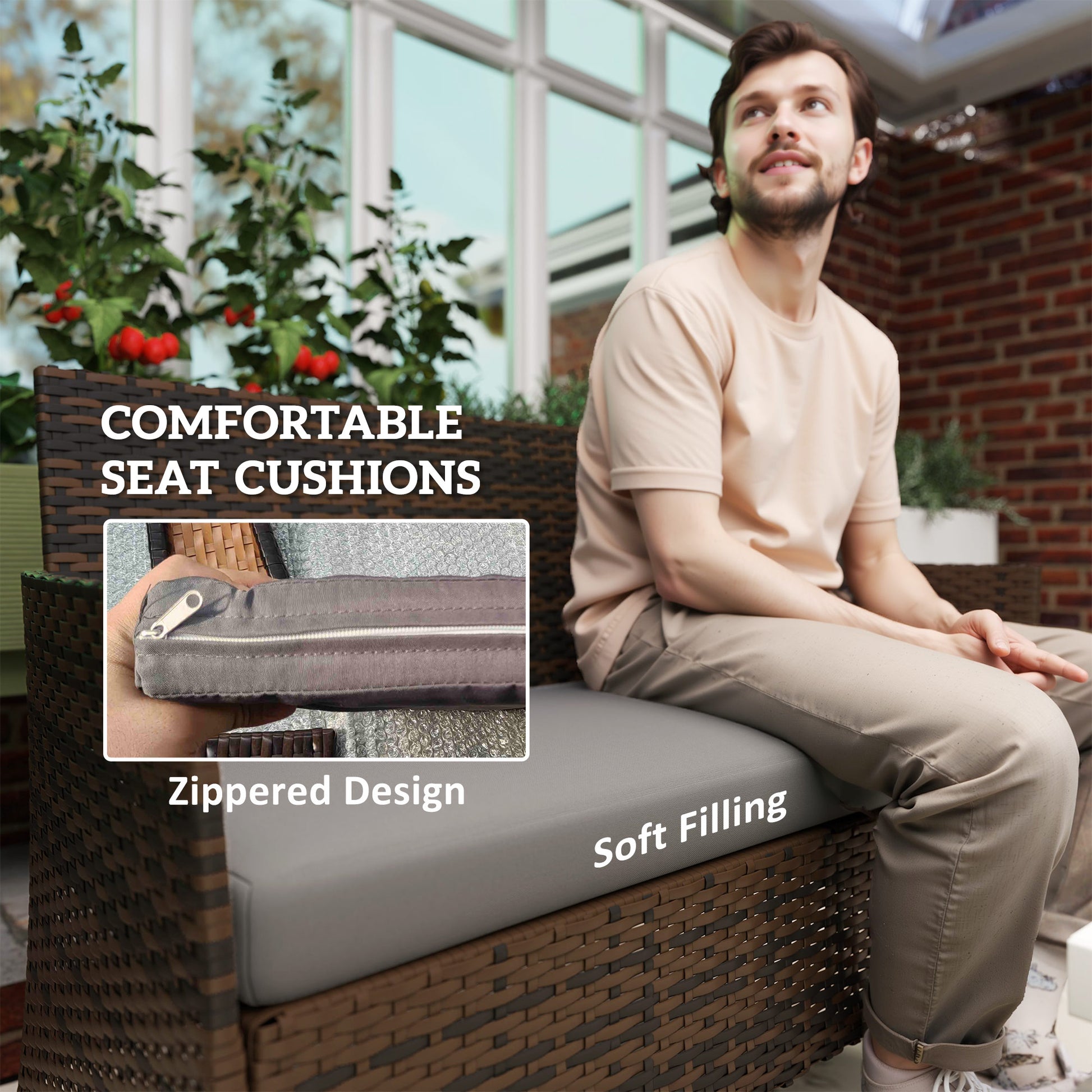 4 Pieces Wicker Outdoor Balcony Furniture Set Rattan Patio Furniture Set with Loveseat Chairs Glass Coffee Table Grey