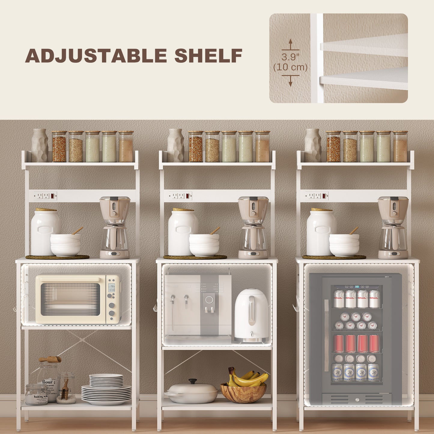 Kitchen Baker's Rack with Power Outlet, Coffee Bar Station with Adjustable Shelves and Hooks, Distressed White