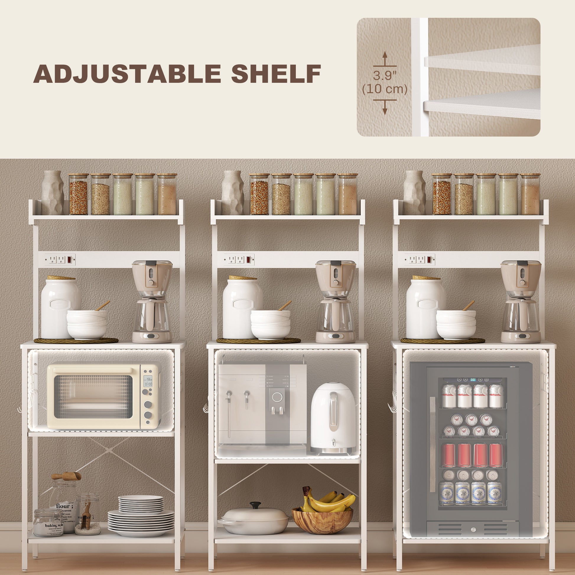Kitchen Baker's Rack with Power Outlet, Coffee Bar Station with Adjustable Shelves and Hooks, Distressed White