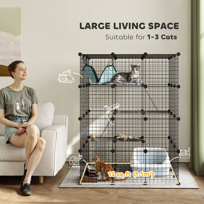 4 Tier DIY Cat Cage Indoor, Catio for 1-3 Cats with Hammock, 5 Doors, 3 Ramps, 3 Jumping Platforms, for 1-3 Cats, Black