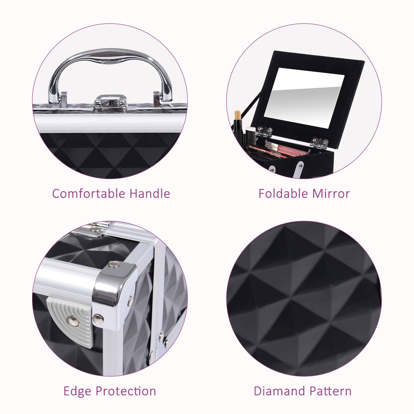 3 Tier Diamond Texture Makeup Train Case Cosmetic Organizer with Mirror, Black