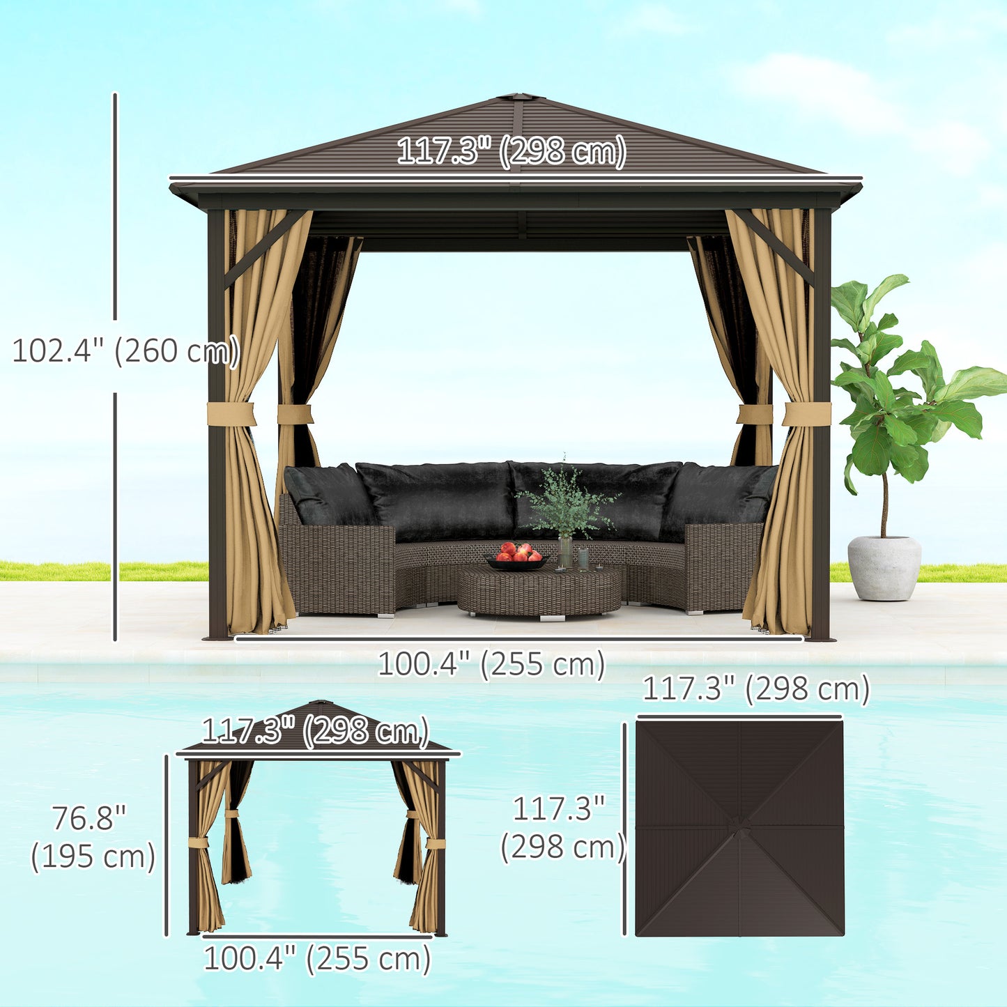10' x 10' Hardtop Gazebo Outdoor Aluminum Gazebo Canopy with Mosquito Netting, Curtains, Hanging Hook, Brown