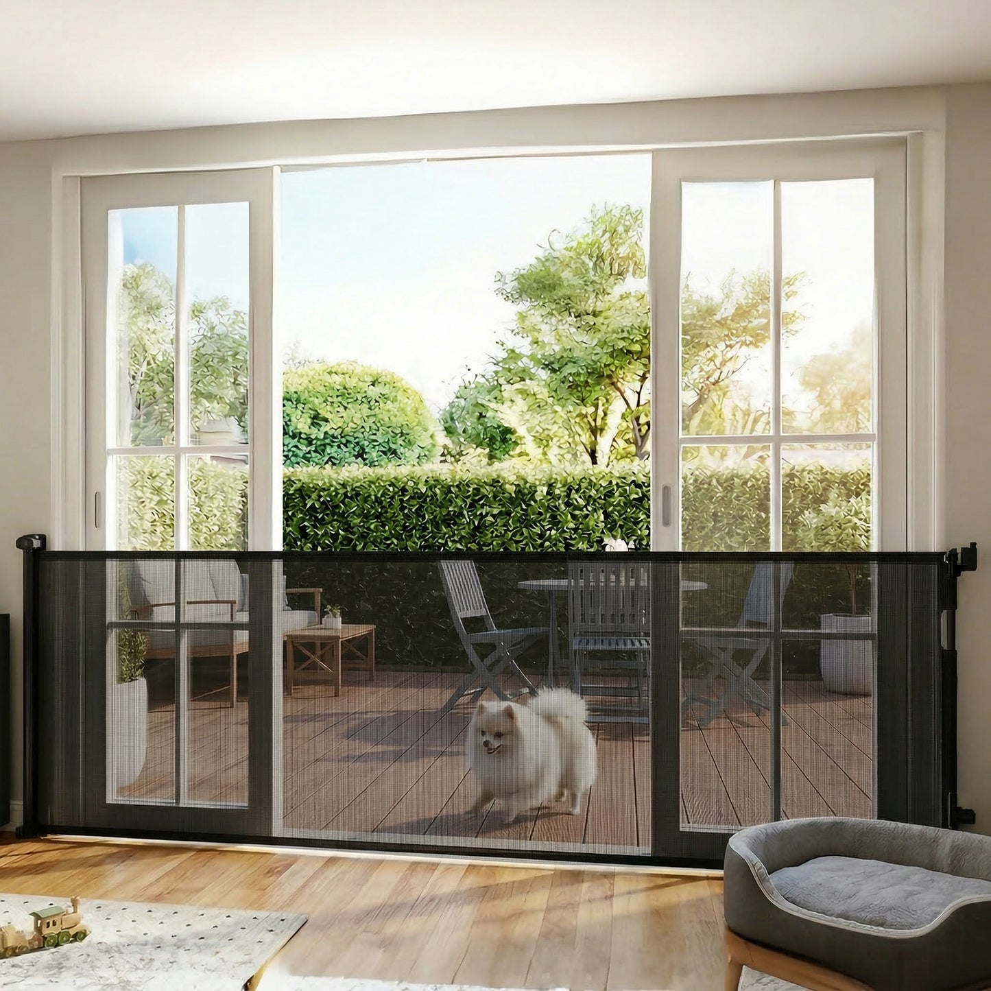 Retractable Dog Gate, 41" Tall, Extends to 122" Wide, Mesh Pet Gate with Single Hand Operation, for Stairs, Doorways
