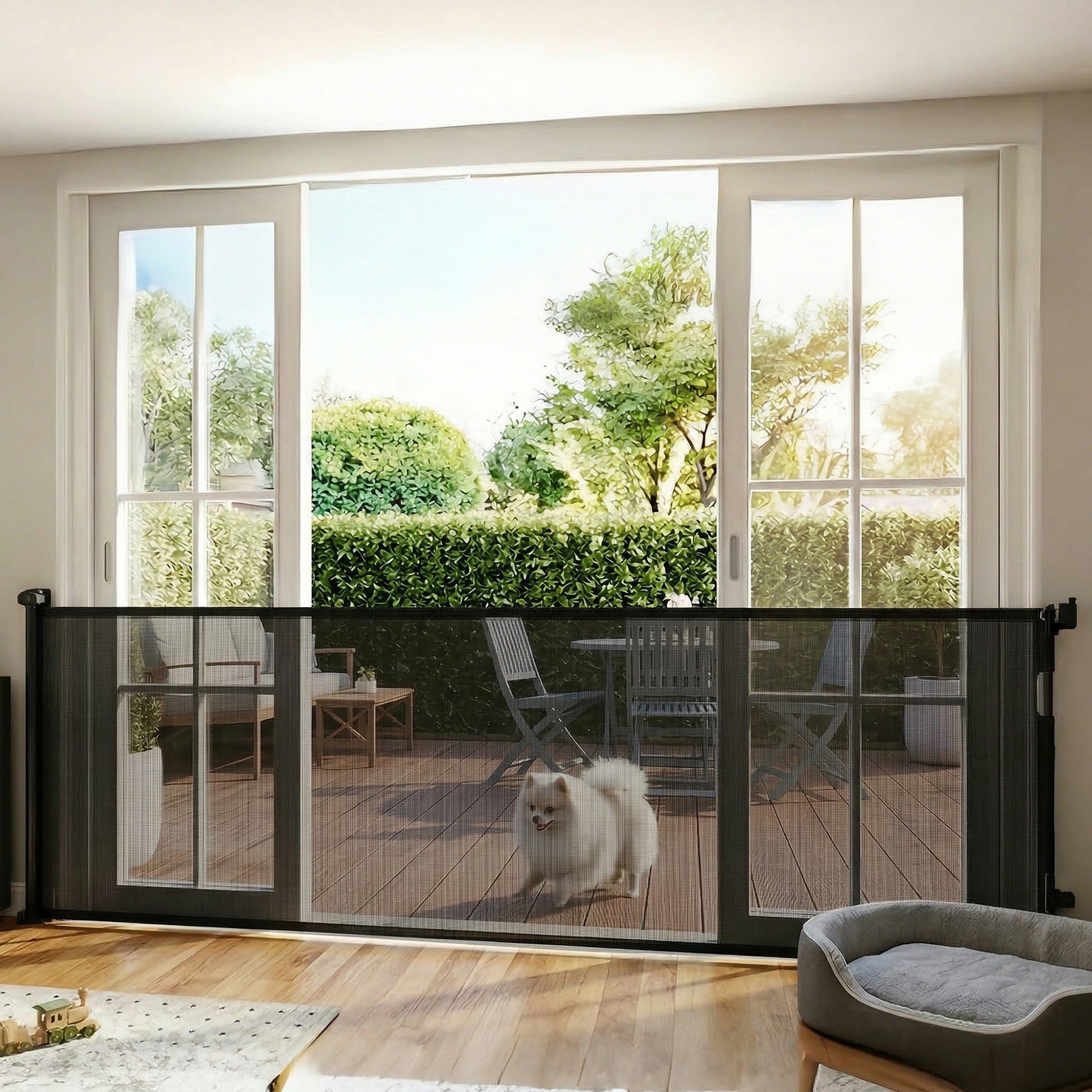Retractable Dog Gate, 41" Tall, Extends to 122" Wide, Mesh Pet Gate with Single Hand Operation, for Stairs, Doorways