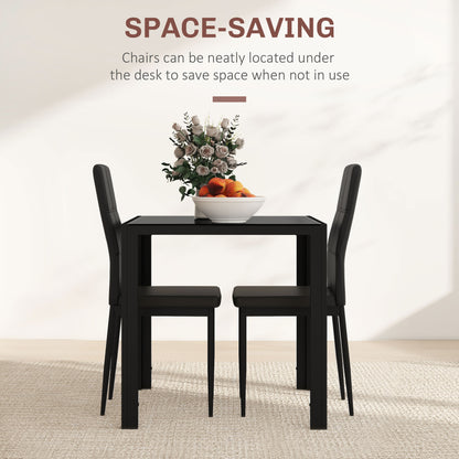 3-Piece Rectangular Glass Kitchen Table and Chairs with Metal Frame and Faux Leather Upholstery for Dining Room, Black